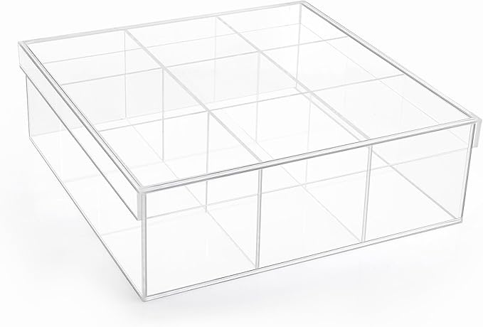 Clear Condiment Organizer and Tea Bag Holder, Acrylic Stash Box 9-Slot Clear Organizer with Lid for Snack Multi-Functional Tea Bag, Sugar Packet, Coffee Container Caddy Box