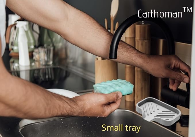 Silicone Soap Tray, Soap Dishes with Drain Spout, Bathroom and Kitchen Sink Organizer, Sponge Holder, Perfect for Dispenser, Scrubber, Bottle, Cup on Sink or Counter - Large and Small Set (Gray)