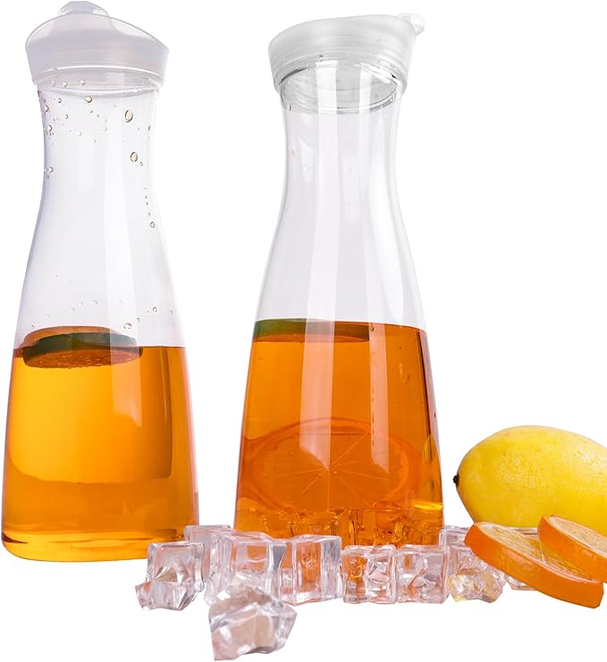 35oz/51oz Plastic Water Carafe with Flip Top Lid, Round Base Juice Containers for Mimosa Bar - BPA-Free Leakproof Beverage Pitcher for Water, Iced Tea, Milk & Fridge Storage(2Pack/35oz )