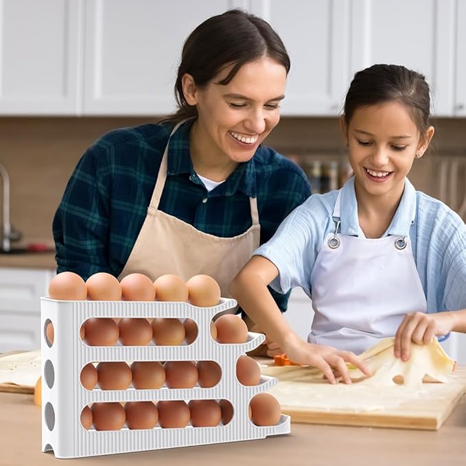 Egg Holder for Fridge, 4 Tiers Auto Rolling Egg Storage Organizer for Refrigerator, Slim Space Saving Container, Dispenser, Egg Roller for Eggs 48 Count