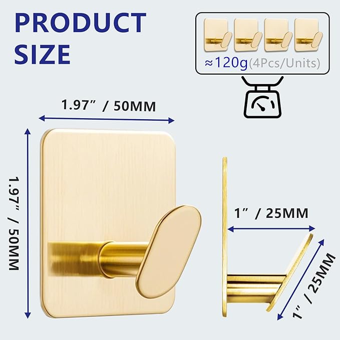 GARGIER Gold Adhesive Hooks for Wall Hanging - Fit for Coat Door Towel Hooks for Bathrooms Decorative Kitchen Shower Glass Wall 304 Stainless Steel Robe &Towel Hooks Brushed Gold 4 Packs