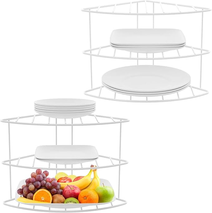 3-Tier Kitchen Details Corner Shelf Organizer | Cabinet & Countertop Storage | Plates | Cups | Bowls (1, White)