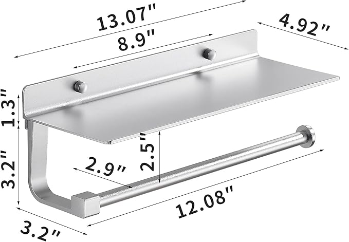 Paper Towel Holder Wall Mount - for Bathroom Hand Towel Holder with Shelf- Kitchen Towel Holder - Matter Silver