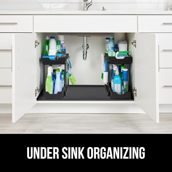 GORILLA GRIP Waterproof Silicone Under Sink Mat with Raised Lip for Kitchen and Bathroom, 46 x 22 in, Cabinet Shelf Liner Stay in Place Mats Dishwasher Safe Drawer Liner, Organizer Tray, Black