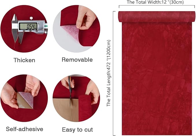 CHIHUT Romantic Red Felt Fabric Roll Self Adhesive Velvet Flocking Liner for Jewelry Drawer Art Crafts Thick Removable Soft Velvet Drawer Liner for Dresser Shelf Liner 12”x472” Red Contact Paper