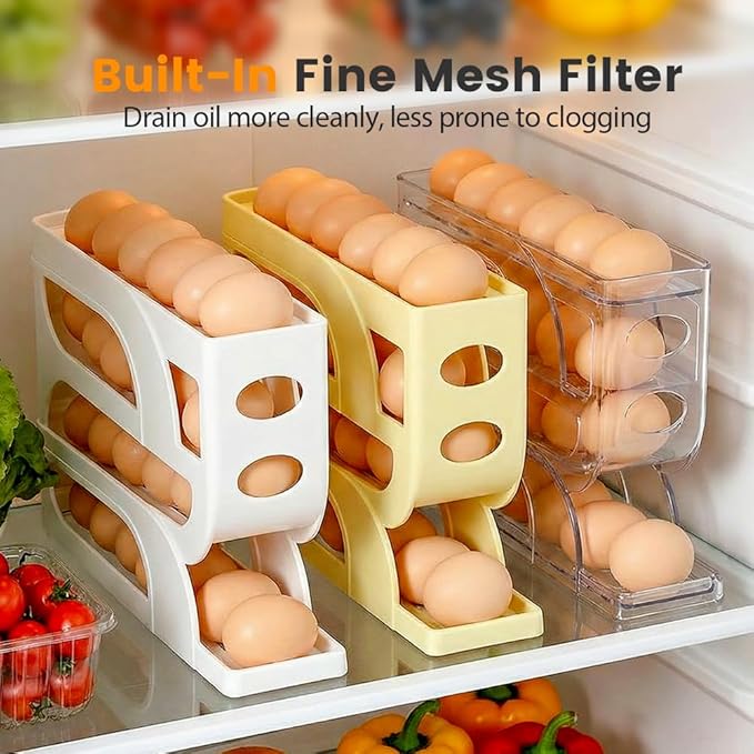 Auto Rolling Egg Holder for Fridge, 4-Tier Egg Dispenser Organizer Holds 28 Eggs, No Assembly Space-Saving Egg Storage Rack for Refrigerator & Countertop (White)