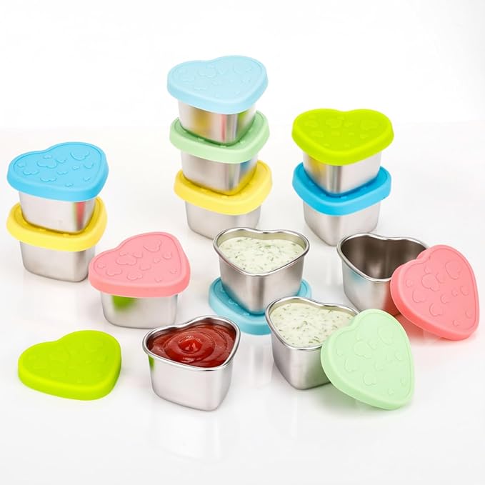 12 Pcs Heart Shaped Salad Dressing Container with Lids 2.1 oz Stainless Steel Small Condiment Containers Reusable Meal Prep Sauce Cups for Lunch Bento Box Picnic Work Kitchen Storage