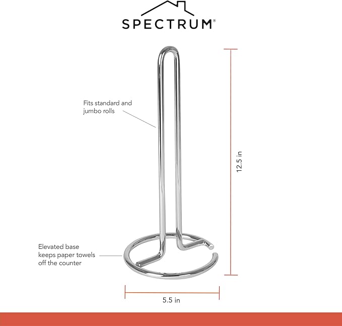 Spectrum Chrome Paper Towel Holder Countertop Kitchen Organizer, Easy Tear Modern Freestanding Kitchen Hand Towel Roll Stands Vertical for Standard and Large Paper Towel Rolls with Durable Steel Base