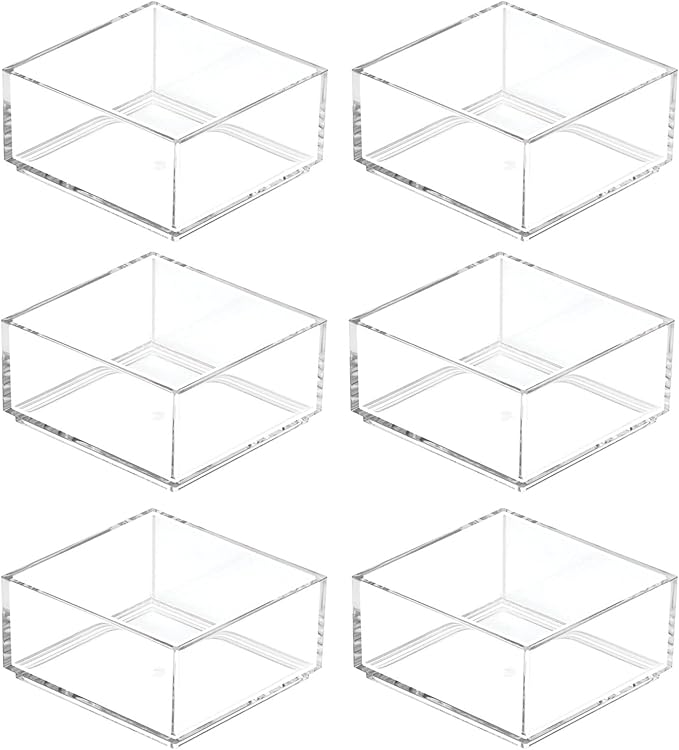 mDesign Plastic Square Desk Organizer Tray for Home Office, Drawers, Desktop, Holder for Pens, Paper Clips, Office Supply Accessory - Lumiere Collection - 6 Pack - Clear