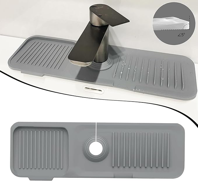 CHIVOLONA Kitchen Sink Splash Guard,Silicone Faucet Handle Drip Catcher Tray,Grey Faucet Mat for Kitchen Sink,Fit Kitchen or Bathroom Sink,5°Slope,17.5” * 5.5”