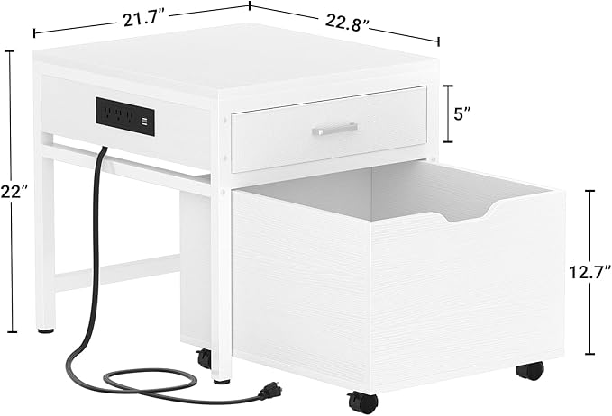 Unikito Mini Fridge Stand with Drawer Storage and Sockets, Heavy Duty Small Refrigerator Stand Cart for Dorm, Apartment, Office, Bedroom, Mini Fridge and Microwave Stand, Hold 300LBS, White