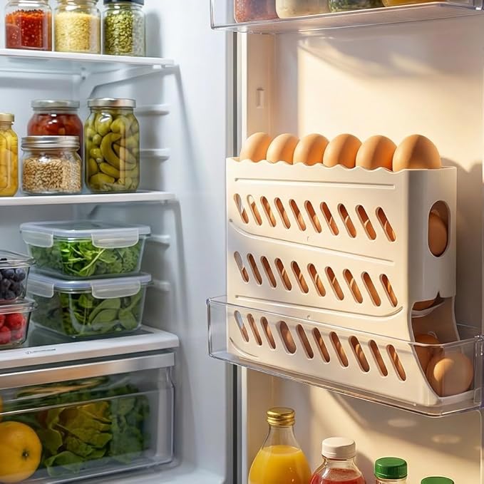 2026 Egg Holder for Fridge, Upgraded 4 Tiers Automatic Rolling Egg Dispenser, No Assembly Required Easy Access, Save Space for Refrigerator Holds up to 30 pcs (Gray)
