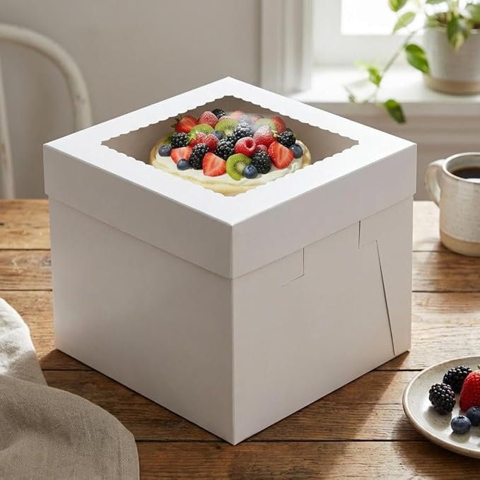 BOARDS+ 8 + 10 + 12 Inch Cake Boxes with Clear Window (15 Pack) ā Sturdy Cardboard, Easy to Assemble, Disposable Cake Carriers for Weddings, Birthdays, and Special Occasions (8x8x8+10x10x10+12x12x12)