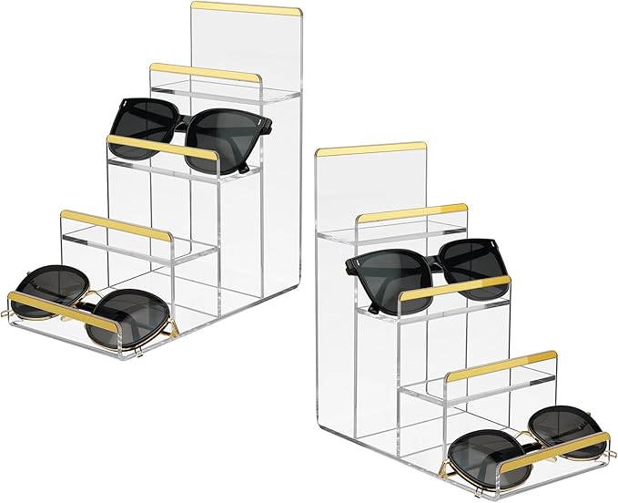 Purse Display Stands, 2 Pack 4-Tier Acrylic Wallet Holder Risers Stand, 2-Inch Spacing Clear Clutch Rack Handbag Display Shelf, 4MM Thick Counter Wallet Organizer for Figure Sunglasses Retail Vendor