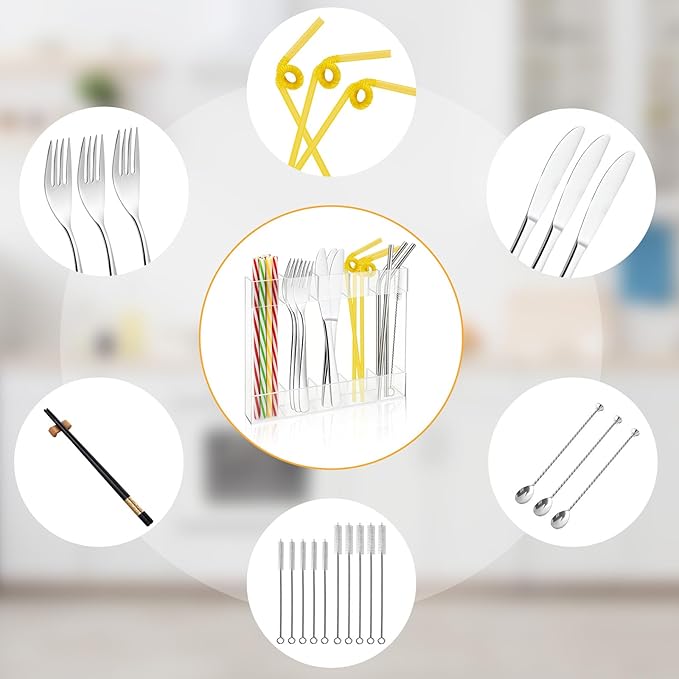 Acrylic Straw Holder for Cabinet Door - Clear Magnetic Straws Storage Container with Adhesive & Stickers, Reusable Straws Dispenser, Space-Saving Straw Organizer for Kitchen