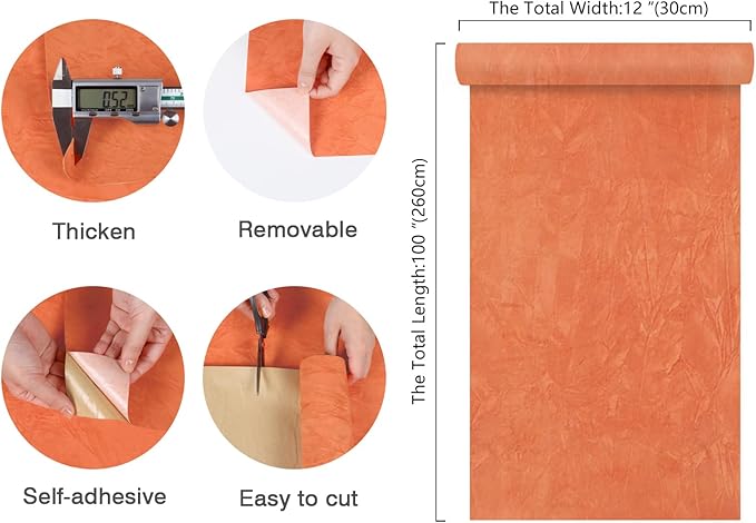 CHIHUT 12''x100'' Self Adhesive Orange Velvet Flocking Liner for Art Crafts DIY Project Soft Fabric Peel and Stick Jewelry Drawer Velvet Liner Thick Removable Orange Velvet Wallpaper for Shelf Liners
