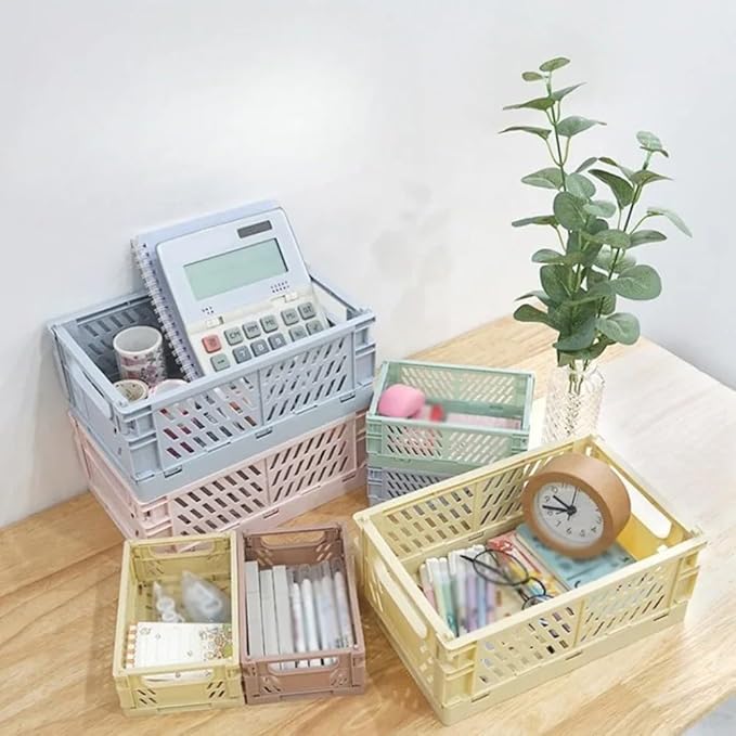 Folding Storage Basket Plastic Organizer with Stackable Design for Snacks Cosmetics and Office Supplies, 30x13x12cm White(Large milk white)