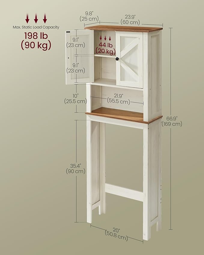 VASAGLE LIRY Collection - Over-The-Toilet Storage Cabinet, 60.8 cm Wide Farmhouse Bathroom Organizer, with Barn Doors, Adjustable Shelf, Space-Saving, Rustic White UBTS026W01