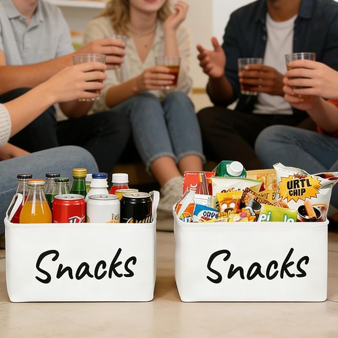 Snack Organizer Basket for Home Office: Snack Bin for Pantry (2 White Baskets)