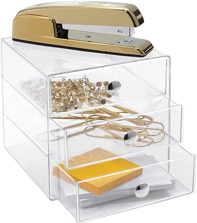 Makeup Drawer Organizer Box with 3 Drawers, Acrylic Cosmetic Display Case Vanity Organizer Jewelry Storage Box Stackable Storage for Cosmetics, Skin Care, Bathroom, Countertop, Silver Handle