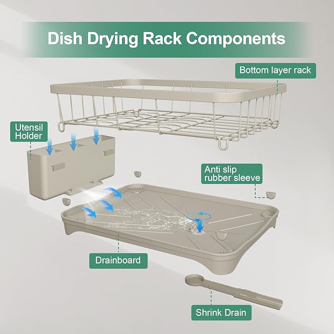 Kitchen Dish Drying Rack – Large Capacity Single Tier Dish Drainer with Drainboard & Utensil Holders, Kitchen Organizer for Dishes, Spoons and Forks, Grey