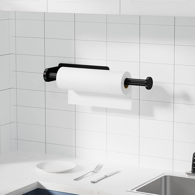 Black Paper Towel Holder Under Cabinet, Adhesive Under Counter Paper Towel Holder Wall Mount Towel Rack, No Drilling Toilet Paper Roll Holders for Kitchen Bathroom Fridge Pantry Garage RV Essentials