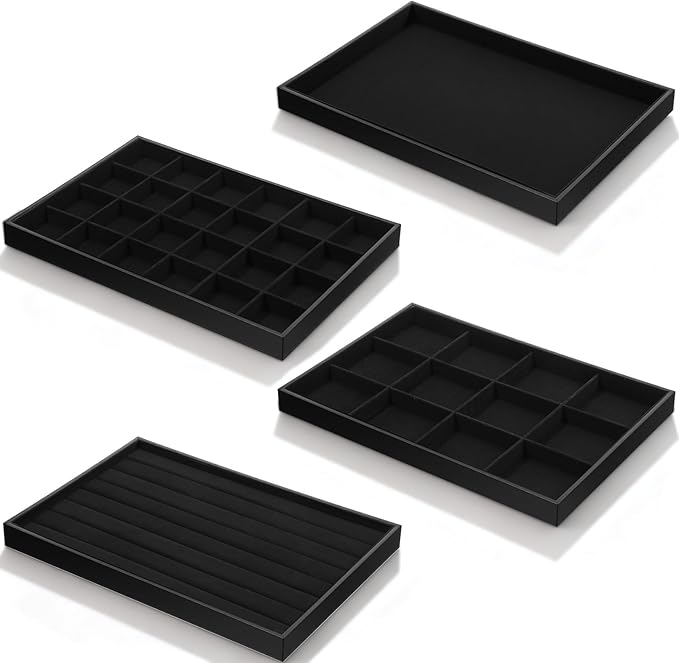 4Pcs Jewelry Organizer Trays, Stackable Velvet Jewelry Trays, Drawer Insert Divider Jewel Display Storage with Removable Dividers, Divided Storage for Earring Necklace Rings Bracelet