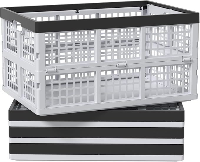 Parlynies 42 L Plastic Stackable Collapsible Storage Crate, 4-Pack Stacking Folding Storage Basket, Utility Crate Basket Containers