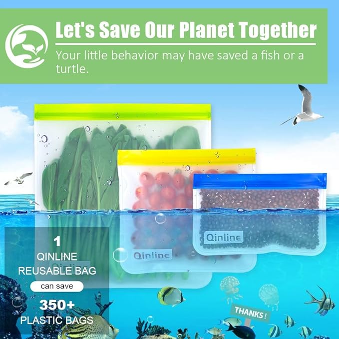 Qinline Reusable Food Storage Bags - 10 Pack Freezer Bags, Reusable Bags Silicone, Extra Thick Leakproof Reusable Lunch Bag for Salad Fruit Snack Travel - 2 Gallon 4 Sandwich 4 Snack Bags