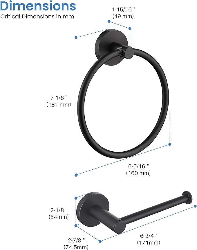 KIBI Toilet Paper Holder and Towel Ring Set | Matte Black Finish Bathroom Hardware Set, Wall Mounted Hand Towel Holder and Towel Hanger | Solid Brass Construction, C-KBA14-2-2