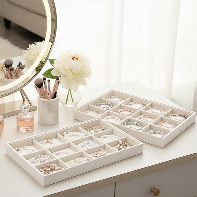 4 Pcs Stackable 12 Grids Jewelry Organizer Tray Velvet bracelet holder Tray Stackable jewelry Organizer Trays for Drawer bracelet display for Selling Bangle Necklace Earring Ring Showcase