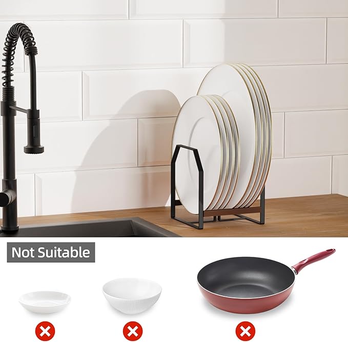 4 Pack Plate Organizer for Cabinet, Arched Metal Dish Holder Rack, Plate Rack Organizer for Cupboard, Space Saver Dish Storage Rack, Holds 6–12 Inch Plates, 2 Large 2 Small, Black