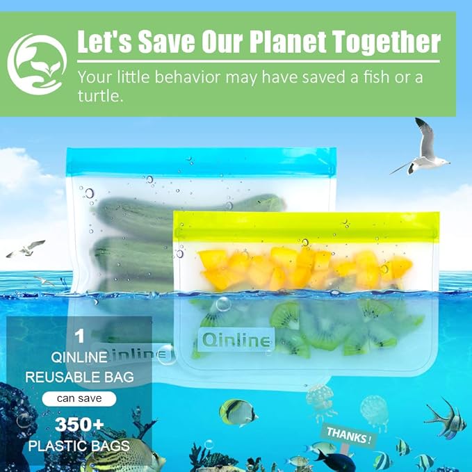Qinline Reusable Food Storage Bags - 10 Pack Dishwasher Safe Freezer Bags, BPA Free Silicone, Leakproof for Marinate Salad Fruit Travel - 5 Sandwich 5 Snack