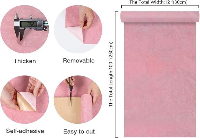 CHIHUT 12''x100'' Peach Pink Self Adhesive Velvet Flocking Contact Paper for Jewelry Box Decor Thick Felt Fabric Velvet Drawer Liner Roll for Art Crafts Peel and Stick Soft Fabric Velvet Wallpaper