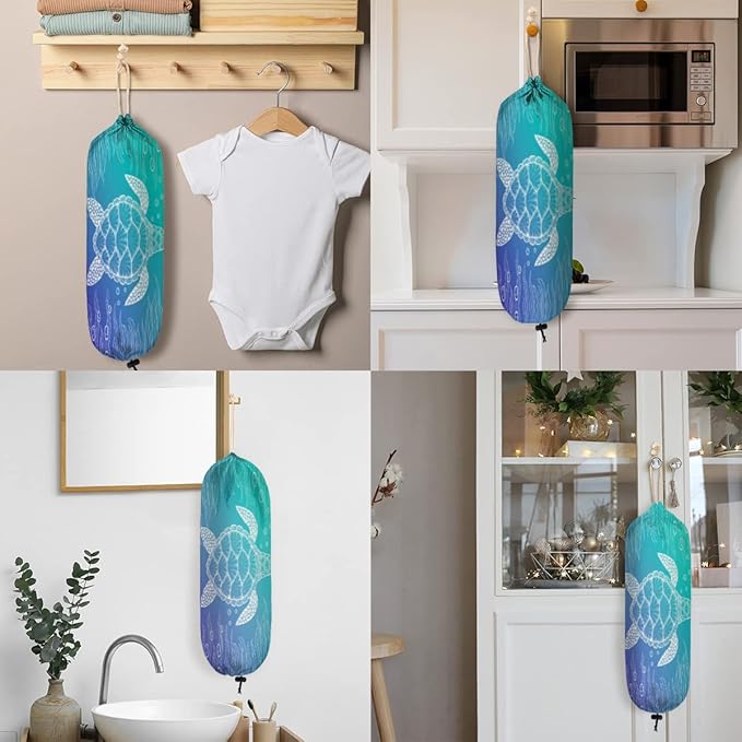 Summer Plastic Bag Holder Ocean Theme Sea Turtle Wall Mount Grocery Bag Holder Washable Plastic Bag Dispenser Garbage Bag Organizer for Home Kitchen Decor, Gifts for Women Mom Family Friends