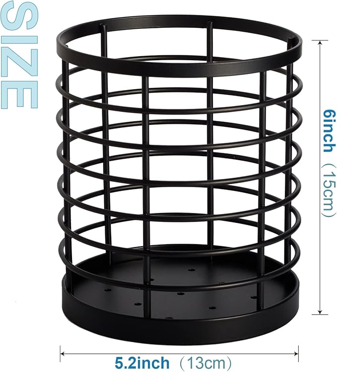 Utensil holder for Kitchen Counter - 5.2" x 5.2" x 6" Large Round Utensils Holder with Wooden Base Matte Black Cooking Utensil Holder,Kitchen countertop Utensil Organizer (Metal)