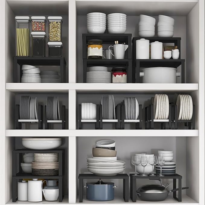 Stackable Cabinet Shelf Organizer Counter Storage Spice Rack Metal Space Saving for Kitchen Pantry Cupboard Countertop Bathroom Bedroom Under Sink Office, Black - Medium