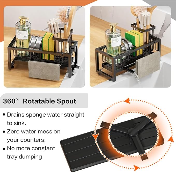 Sponge Holder for Kitchen Sink, Upgrade Thick Sink Caddy with Removable Drip Tray, High Brush Holder & Towel Bar for Countertop Dish Soap Dispenser Storage Accessories, Black