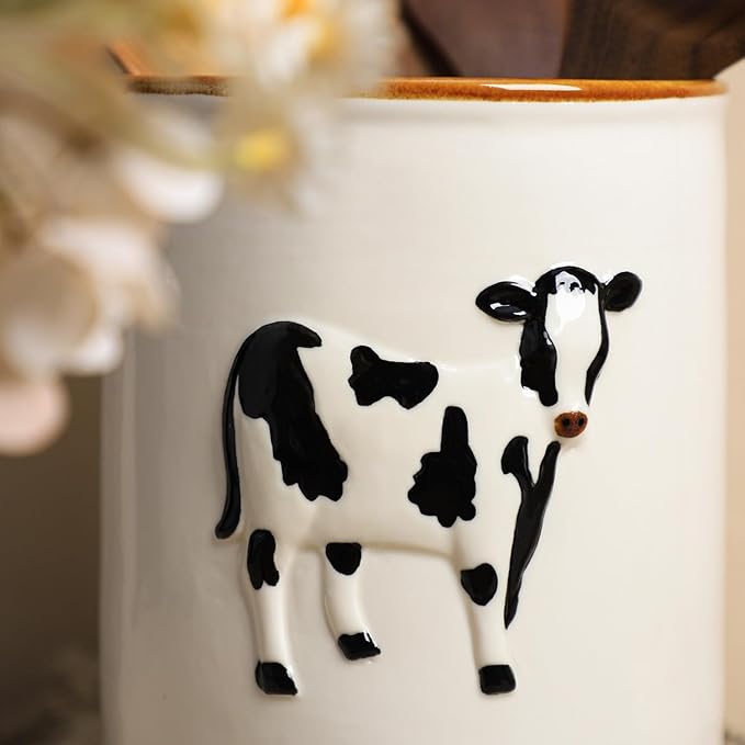 SOCOSY Ceramic Retro Cow Embossed Kitchen Utensil Holder For Countertop Large Cooking Utensil Crock Holder Spatula Holder