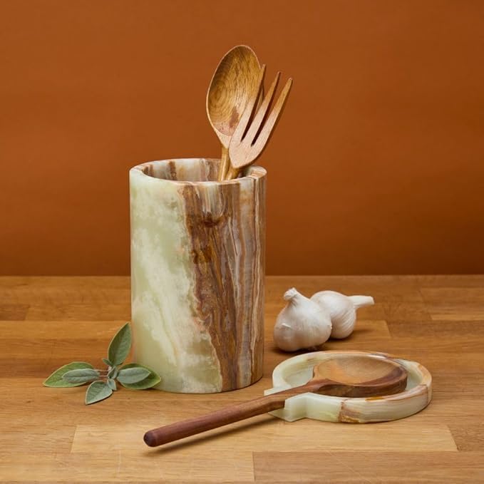 Utensil Holder and Spoon Rest, Kitchen Countertop Essentials, Decorattive, Onyx Stone, Beige Brown