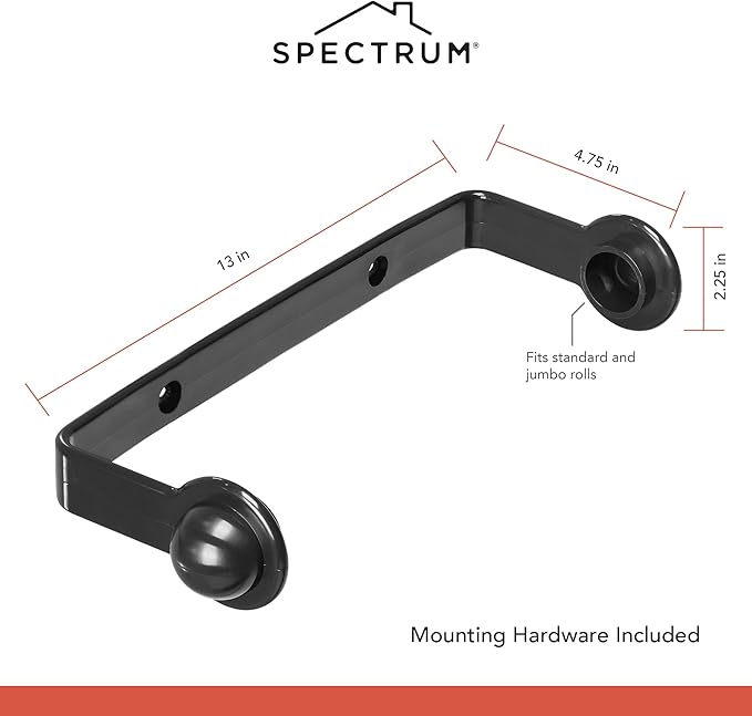 Spectrum Paper Towel Holder for Under Cabinet Easy Install Wall Mounted Plastic Hanging Paper Roll Rack for Kitchen Bathroom Storage, Durable Mount Towel Dispenser for Standard & Jumbo Rolls, Black