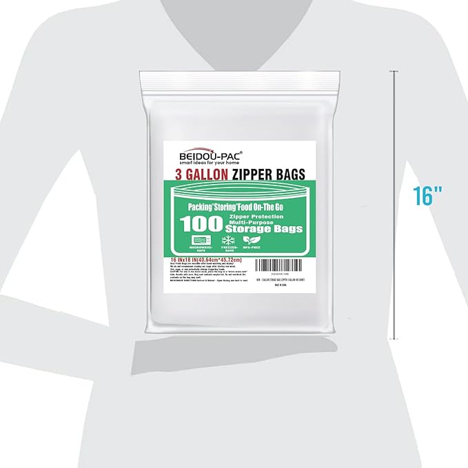 BEIDOU-PAC 3 Gallon Large Plastic Bags with Zipper Top, | 100 Count | 2 Mil | 16" x 18" | Heavy-Duty Reusable Clear Freezer Storage Bags