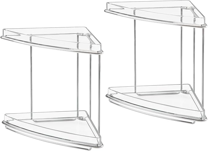 mDesign Steel/Plastic Freestanding Countertop Corner Shelf Organizer with 2-Tier Storage for Bathroom, Vanity, Cabinet, Counter - Holds Makeup, Bath Gel - Prism Collection - 2 Pack - Clear