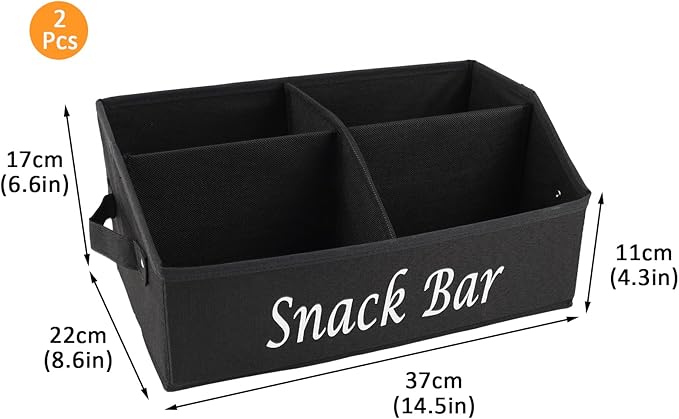 2 Pack Snack Organizer for Countertop, Fabric Snack Basket with Handles, 4 Compartment Snack Box Container, Snack Bar Station Decor, Kitchen Cabinet Pantry Organizer and Storage (Black)