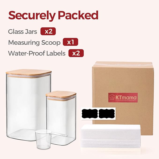Glass Flour and Sugar Containers, Square Glass Containers with Bamboo Lids, Gallon Jars with Bamboo Lids for Cookies, Coffee Beans (2 pack 1.6/4.6 qt)