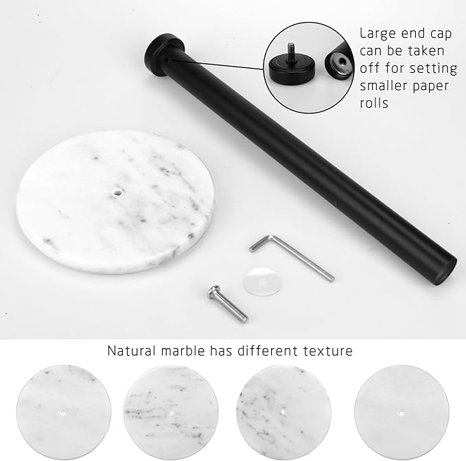 Paper Towel Holder Countertop with Weighted White Marble Base - Modern Free Standing Paper Roll Holder, Matte Black Stainless Steel Stand Paper Towel Holder for Kitchen and Bathroom