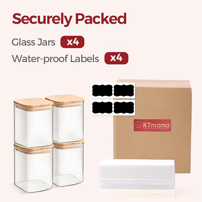 Glass Storage Containers Jar Set, Glass Jar with Lid, Pantry Organizers for Cookie Candy Tea Coffee Bean (4 pack 1qt)
