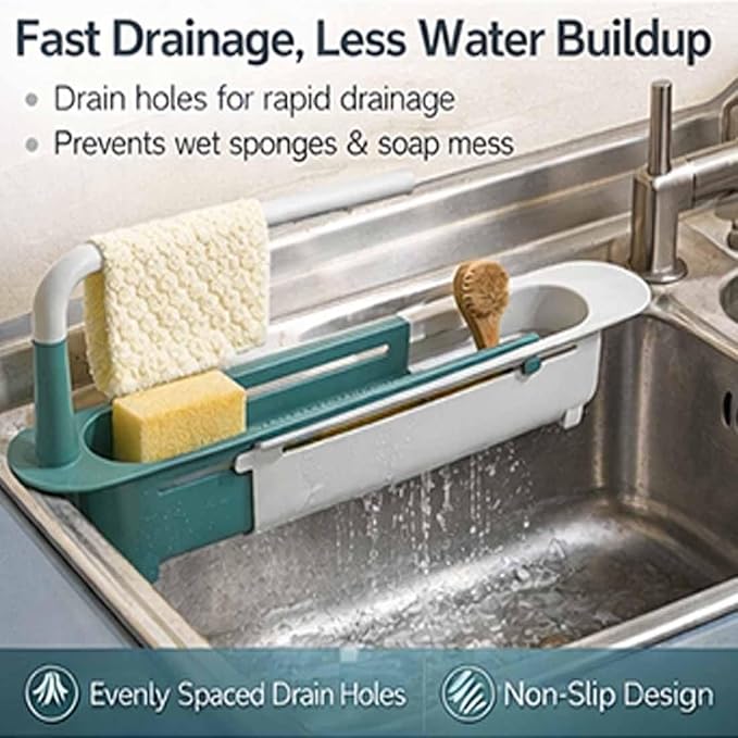 Updated Telescopic Sink Storage Rack, Dish Drying Rack over the Sink, Expandable Slim Drain Basket, Multifunctional Caddy Adjustable Kitchen Sponge Holder, for Counter Space Bathroom (1 PCS-Green)