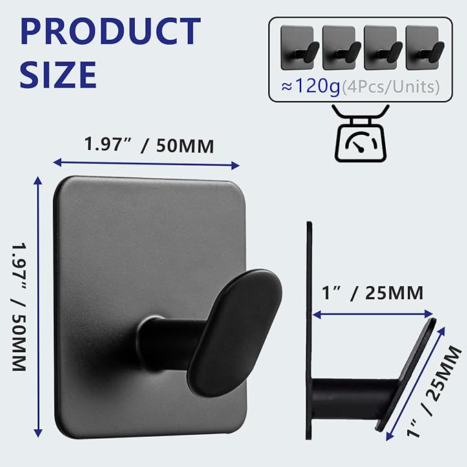 Stainless Steel Adhesive Hooks Black - 304 Metal Wall Hooks Hanger for Hanging Towel Coat Hat Shower Hooks, Robe Hook Rack Stick on Toliet Bathroom Bedroom Office or Kitchen Wall Mount (4 Packs)