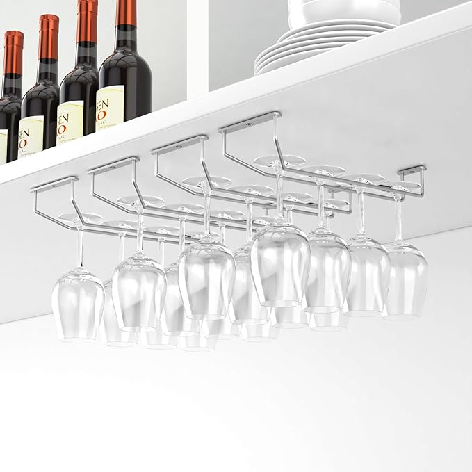 14-Inch Under Cabinet Wine Glass Holder - Metal Stemware Hanger, Single Rail Wine Glass Hanging Rack for Kitchen Bar - Set of 4